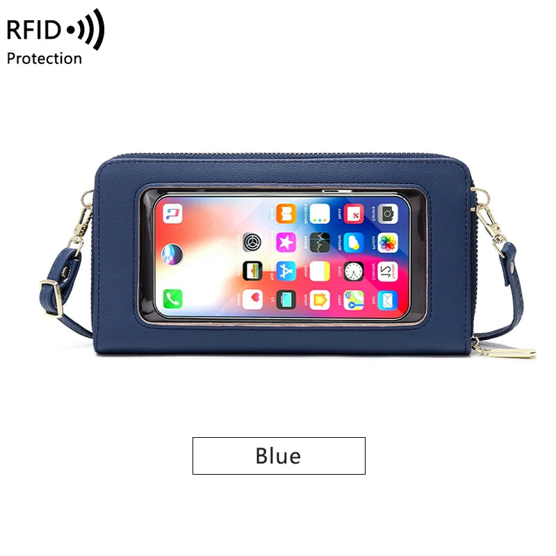 RFID shielded touch screen women's bag, multifunctional soft leather one shoulder crossbody bag, multi card seat coin wallet
