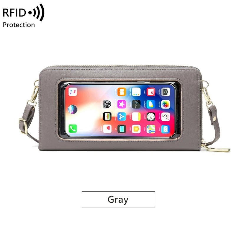 RFID shielded touch screen women's bag, multifunctional soft leather one shoulder crossbody bag, multi card seat coin wallet