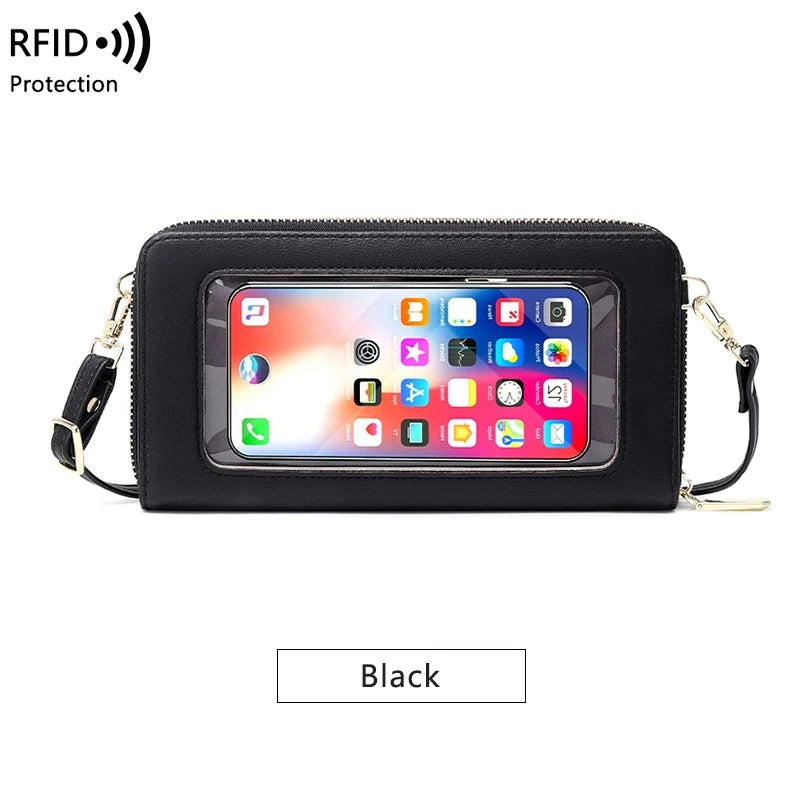 RFID shielded touch screen women's bag, multifunctional soft leather one shoulder crossbody bag, multi card seat coin wallet