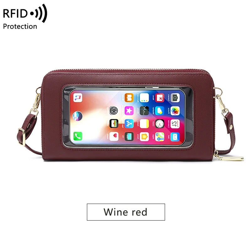 RFID shielded touch screen women's bag, multifunctional soft leather one shoulder crossbody bag, multi card seat coin wallet