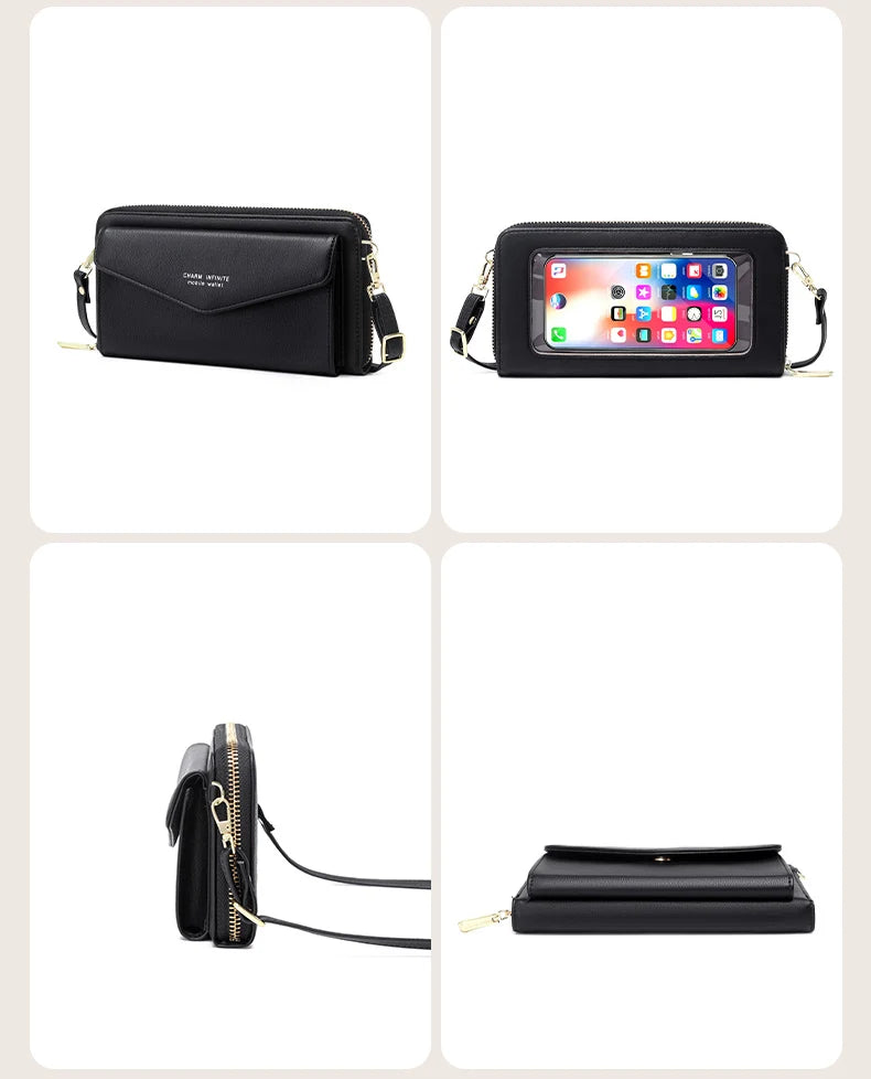 RFID shielded touch screen women's bag, multifunctional soft leather one shoulder crossbody bag, multi card seat coin wallet