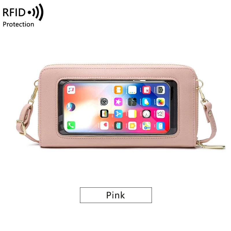 RFID shielded touch screen women's bag, multifunctional soft leather one shoulder crossbody bag, multi card seat coin wallet